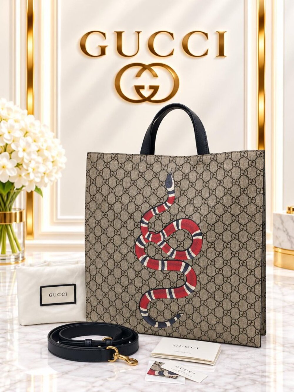 Authentic Gucci Kingsnake GG Supreme Tote Bag/Convertible Shoulder Bag